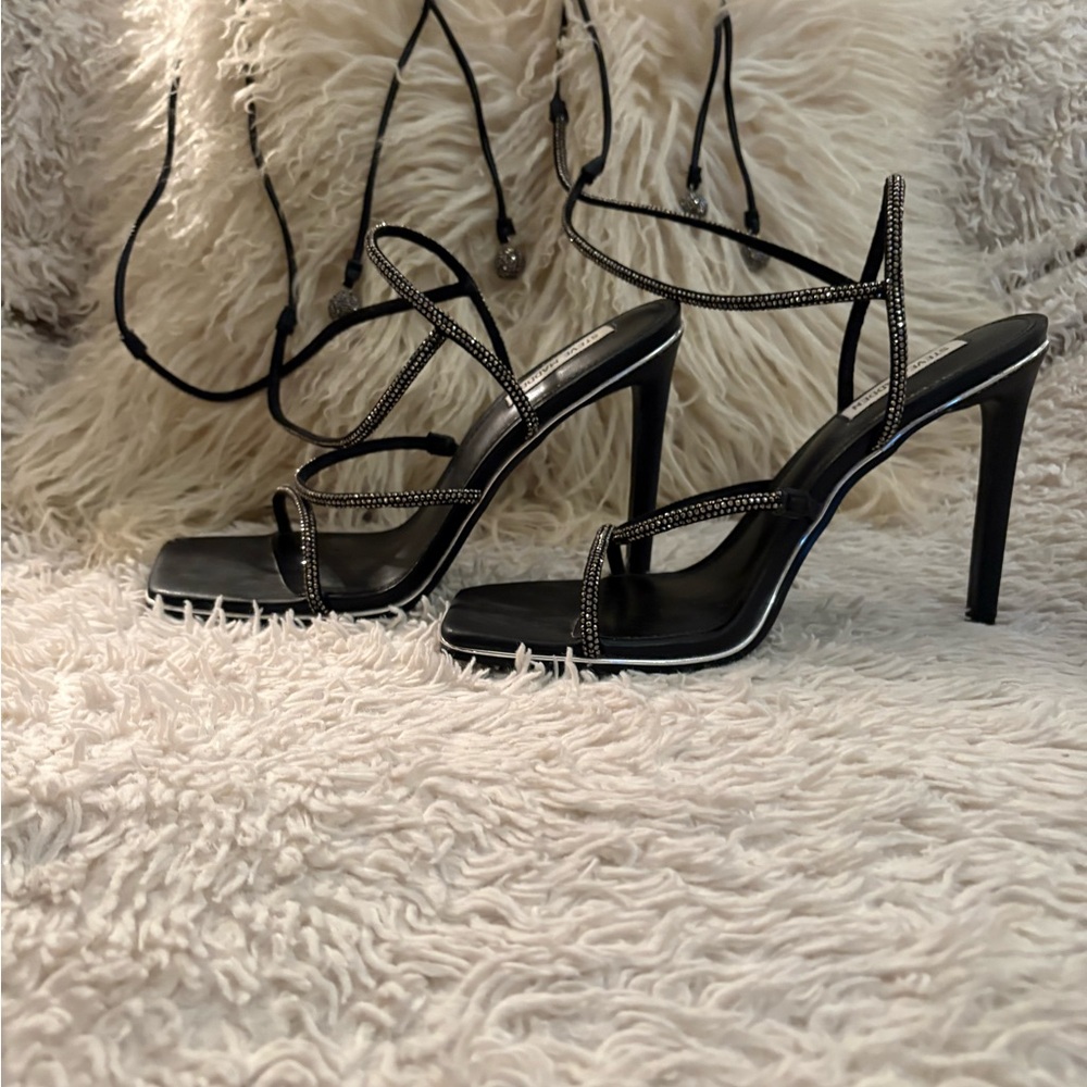 Steve Madden Black Rhinestone Lace-Up Heeled Sandals